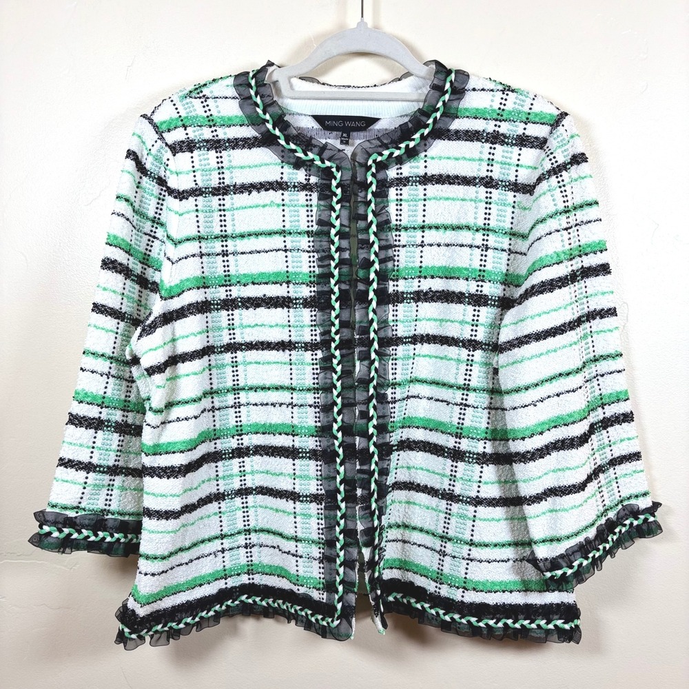 Ming Wang White Black Green Plaid Tweed Open Front Jacket